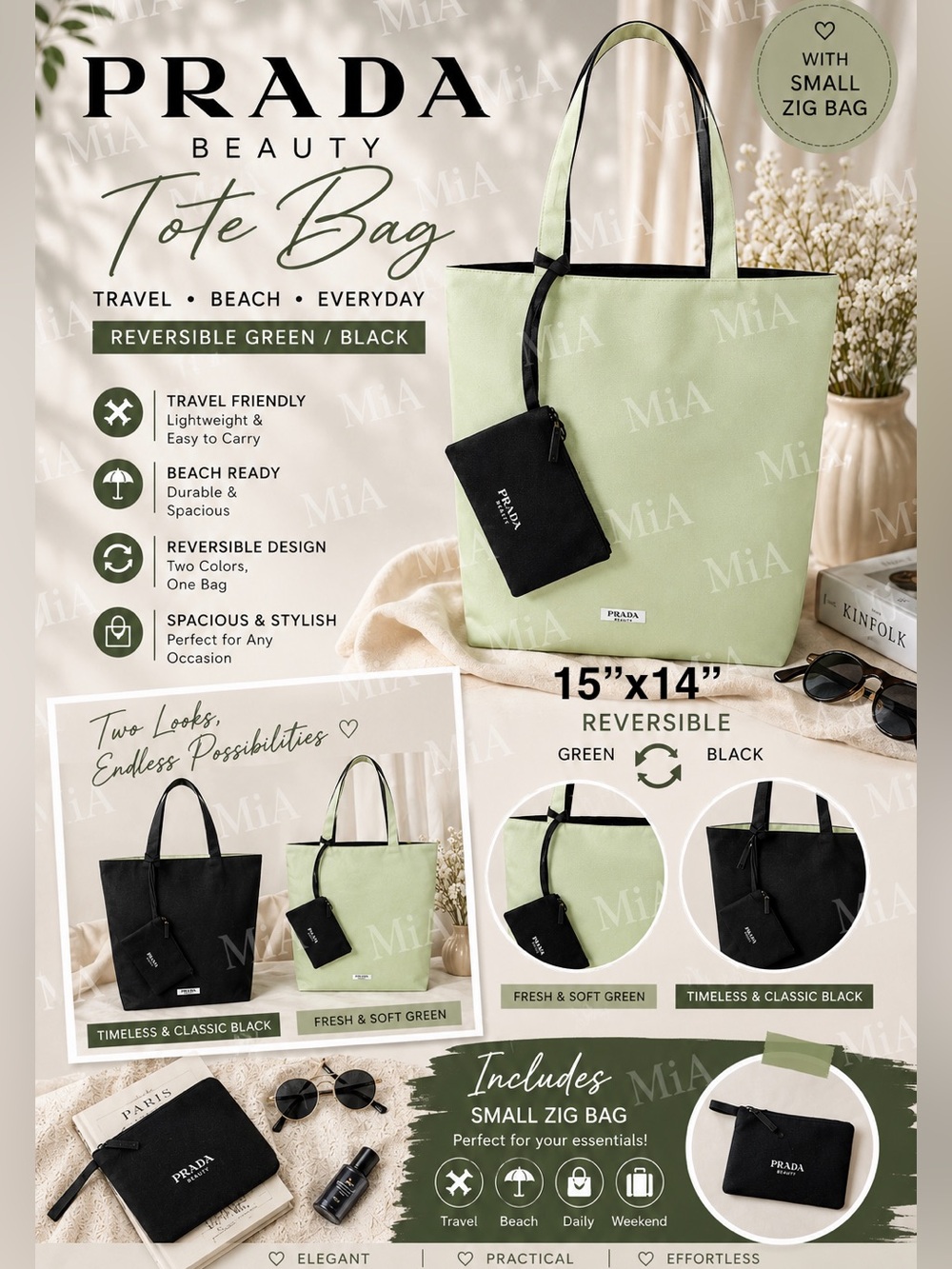 Prada Beauty Tote Bag / Travel / Beach Reversible Green Black With Small Zig Bag